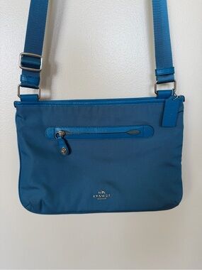 COACH Blue Nylon Crossbody Bag Messenger Shoulder Bag Leather Trim Zip Top